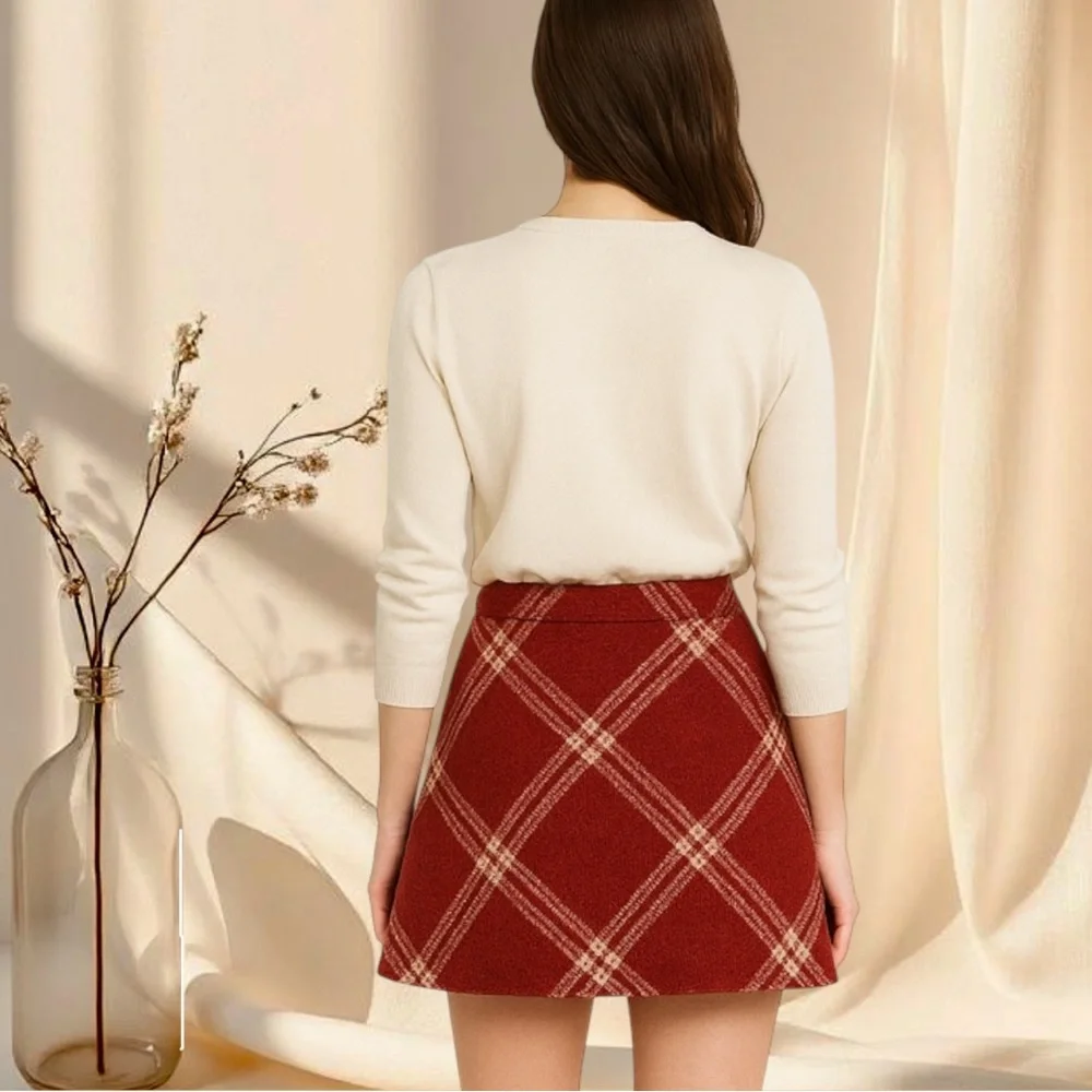 Red Plaid Wool Mini Skirt Wrap Style with Buckle Straps | Preppy Winter Skirt